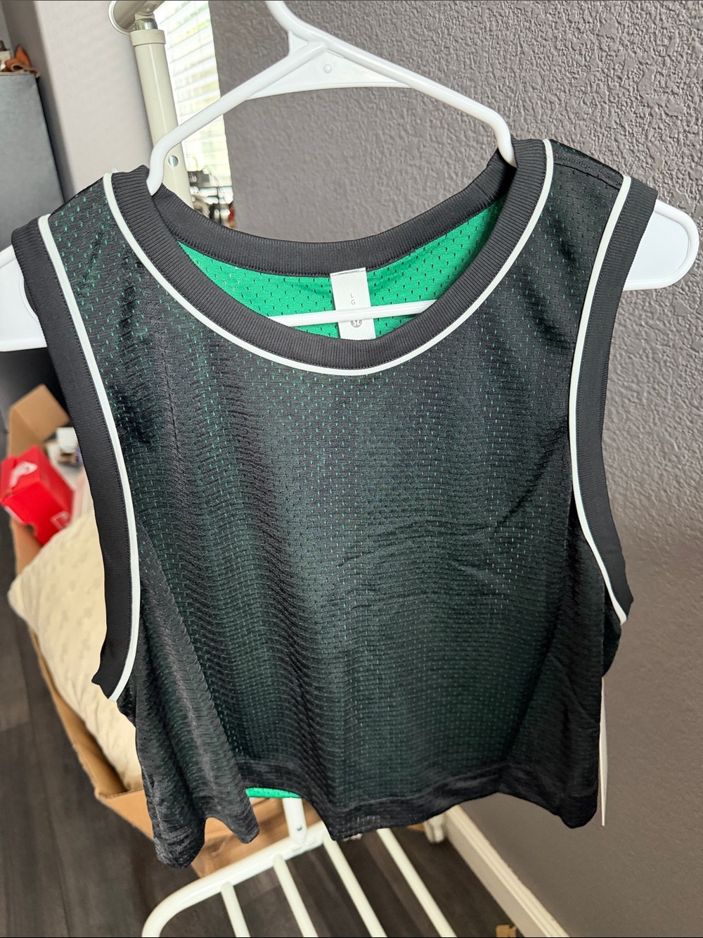 lululemon athletica Black Mesh Crop Tank with White Piping and Green Lining